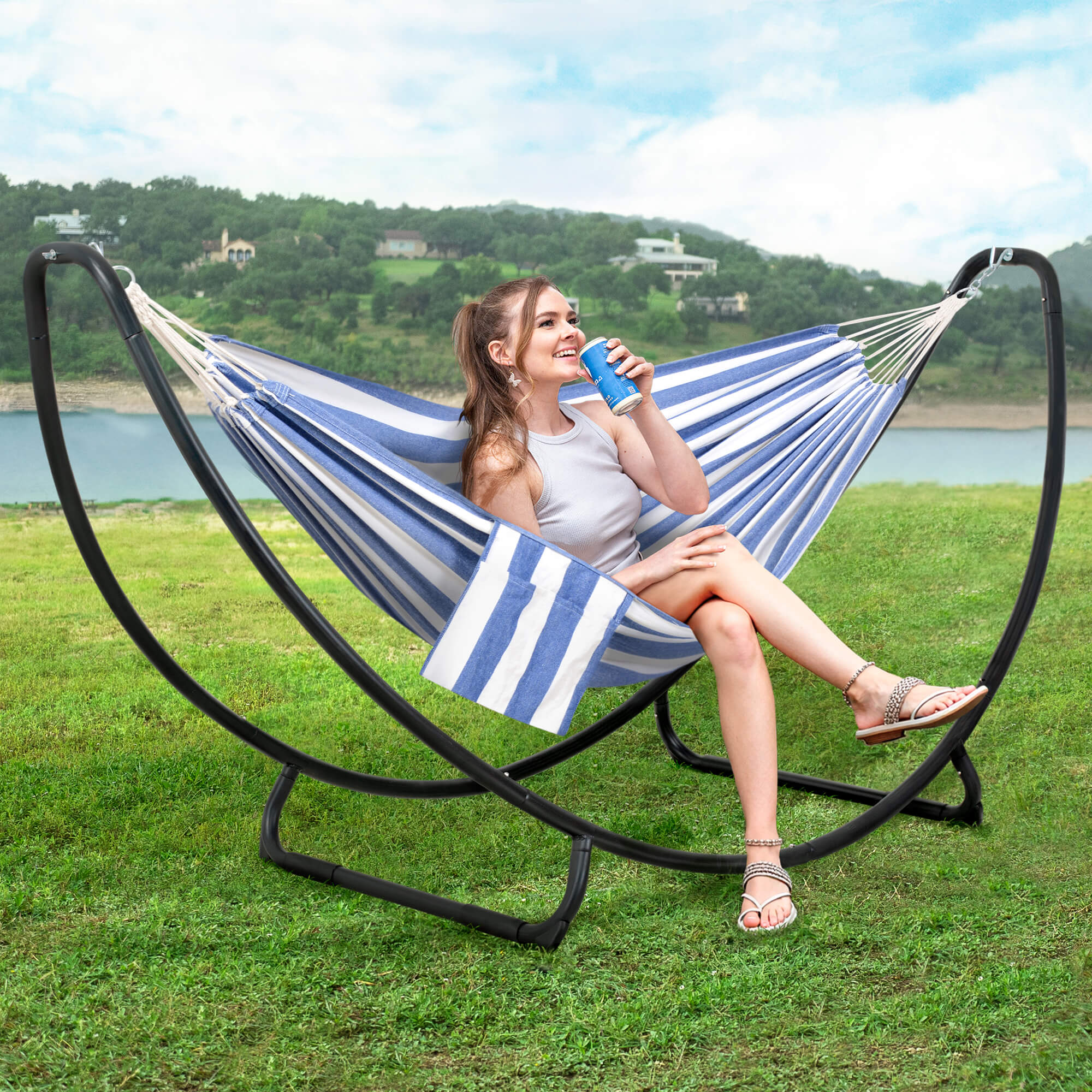 hammock with stand#color_blue-white-stripes