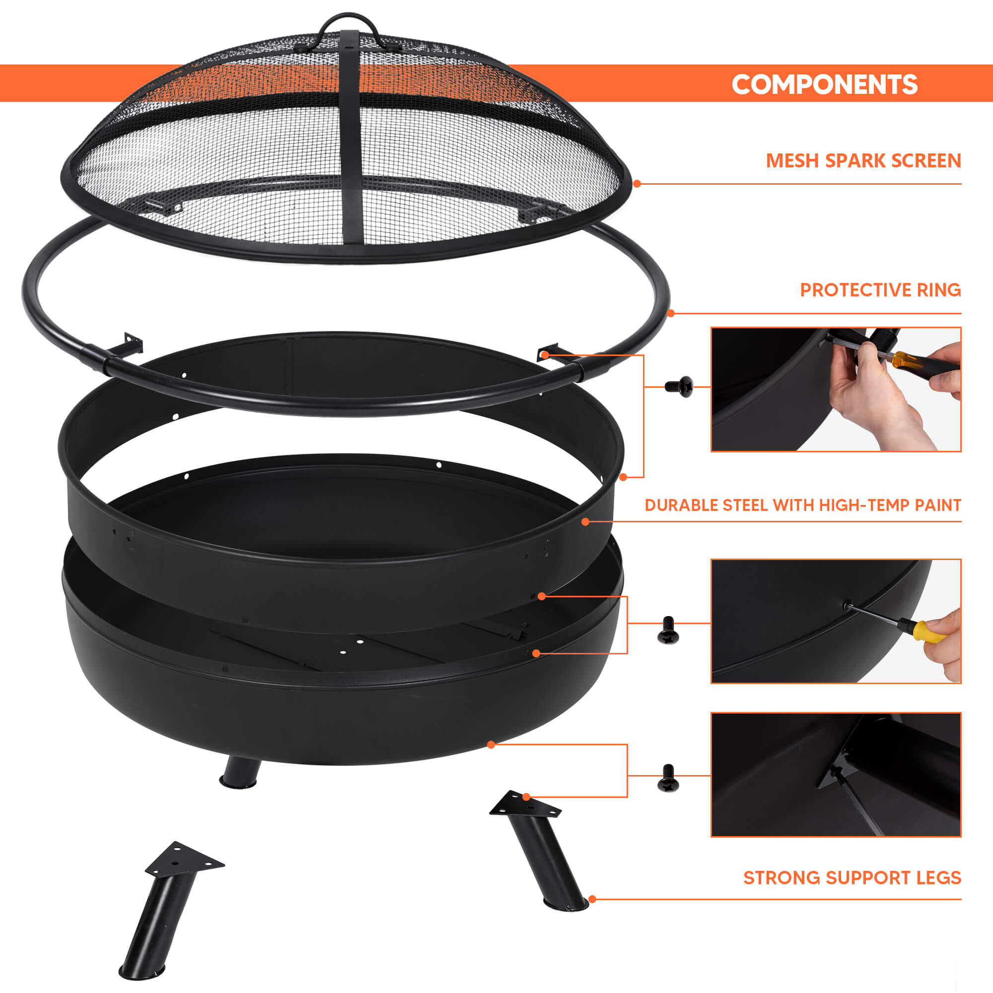 Outdoor Bonfire Wood Burning Fire Pit with Grill and Fireplace Poker#size_42inch-3