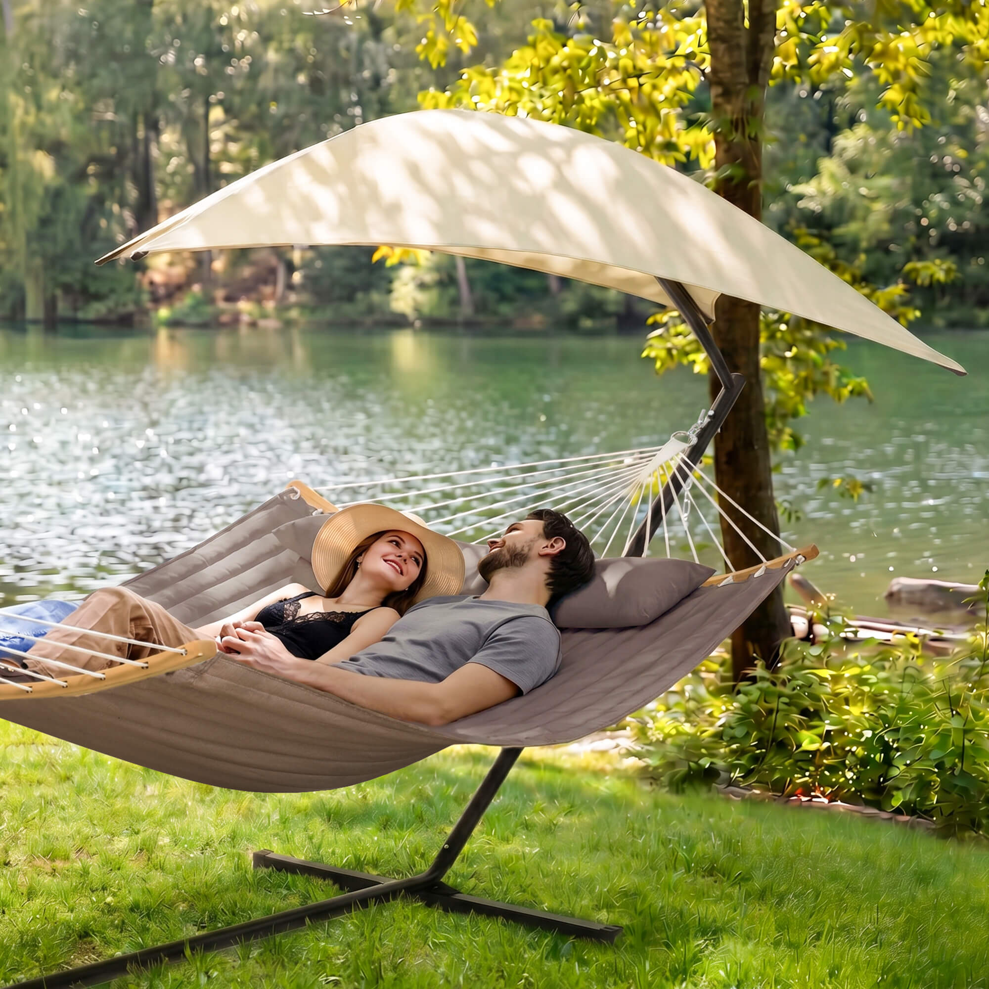 hammock with stand and sunshade#color-c_brown