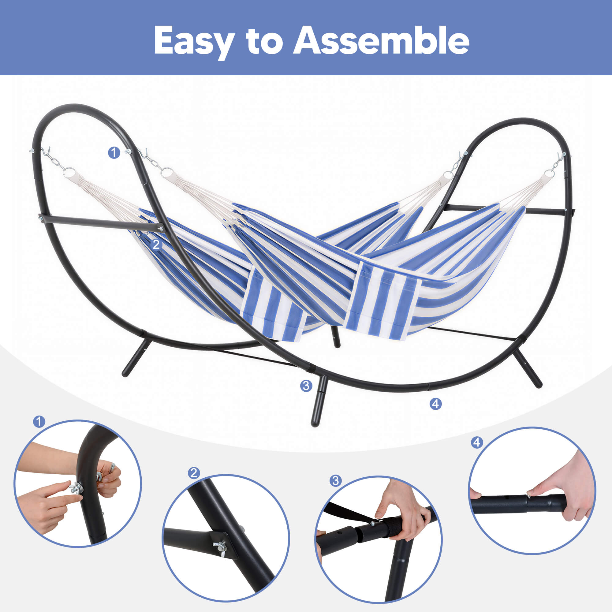 2 Person hammock with stand#color_blue-white-stripes