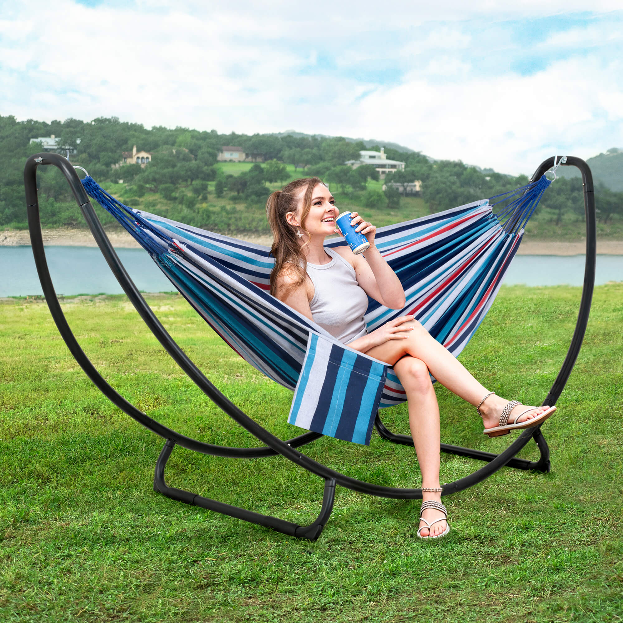 hammock with stand#color_ocean-stripes