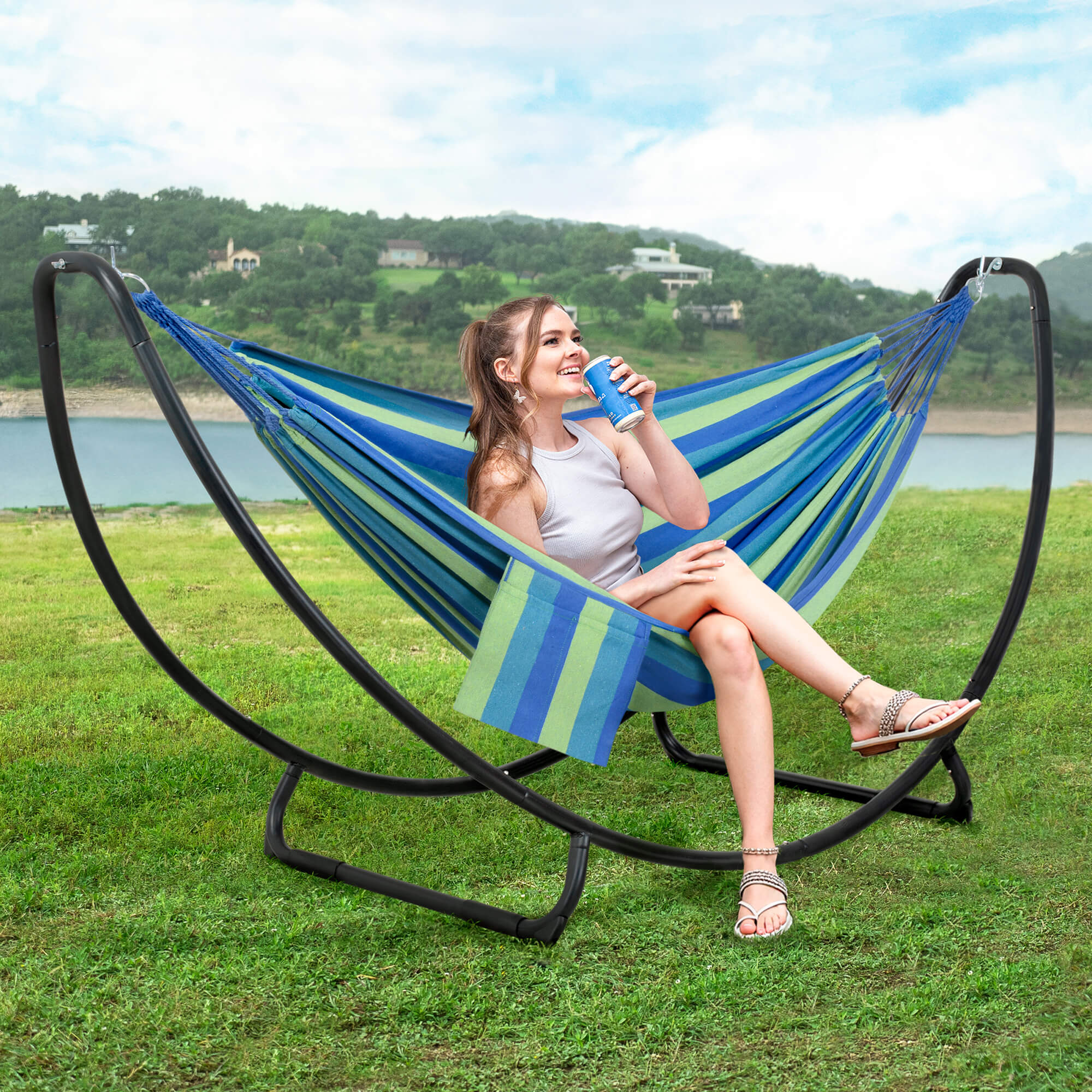 hammock with stand#color_blue-stripe