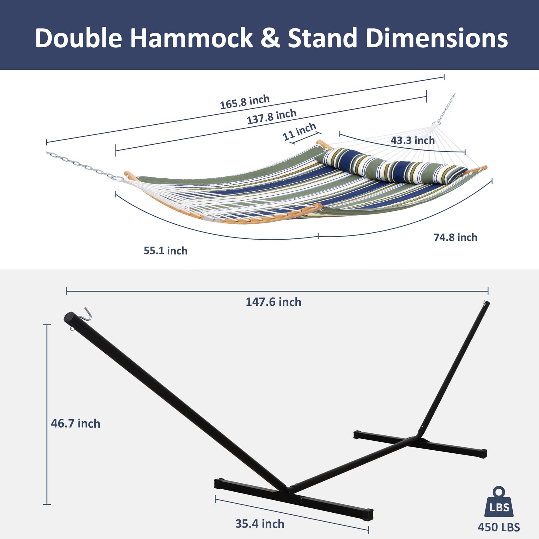 Basic Hammock Double Quilted Hammock with Curved Bamboo Bar and Portable Stand ...