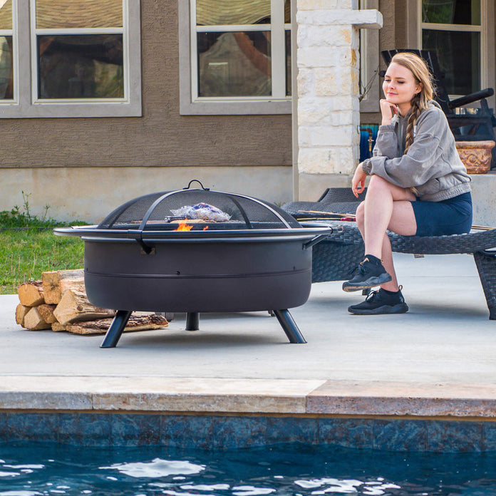 Outdoor Bonfire Wood Burning Fire Pit with Grill and Fireplace Poker#size_42inch-3