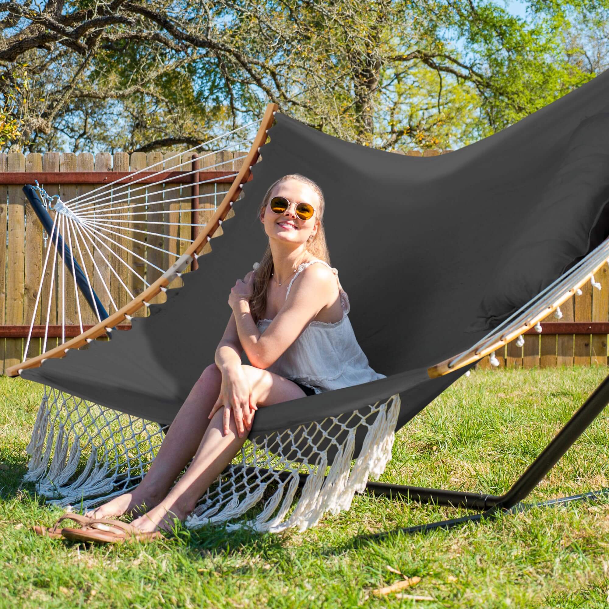 Double Hammock with Portable Stand#color_dark-gray