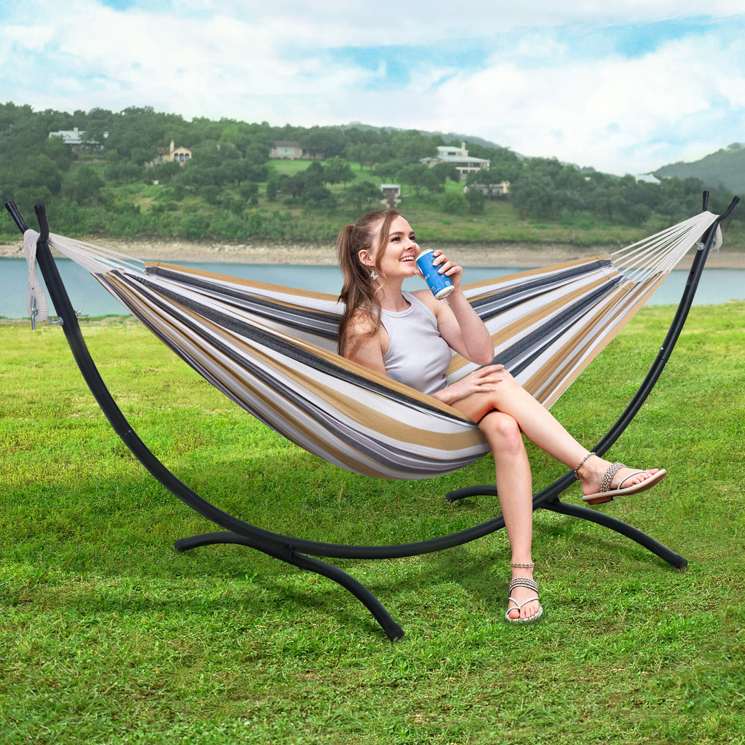 Portable Double Hammock with Stand for Outdoor Backyard