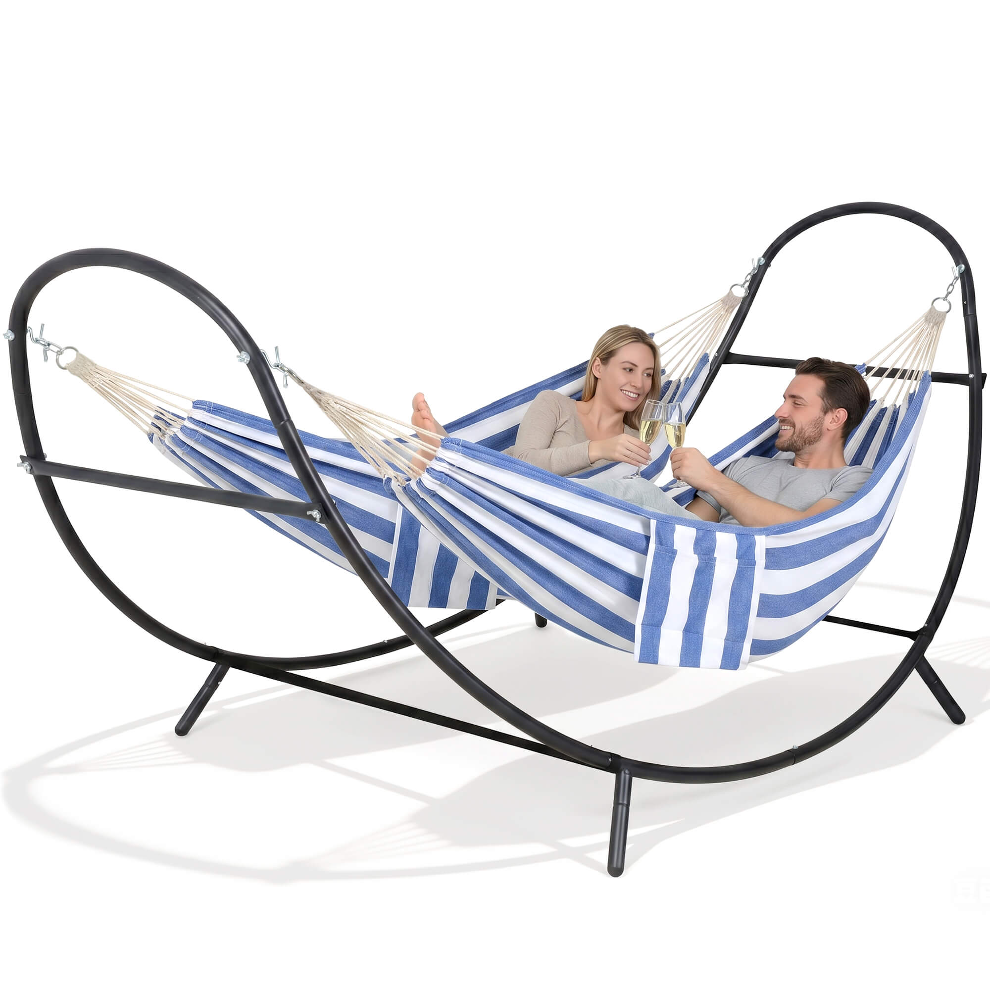 2 Person hammock with stand#color_blue-white-stripes