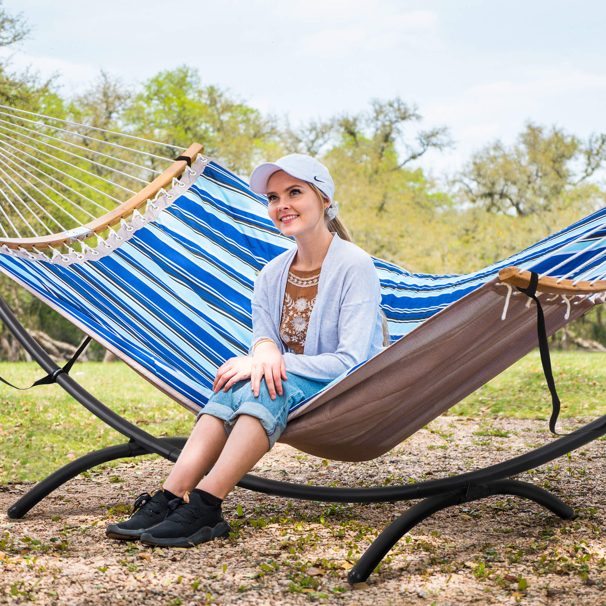 portable hammock with stand#color_blue-stripes