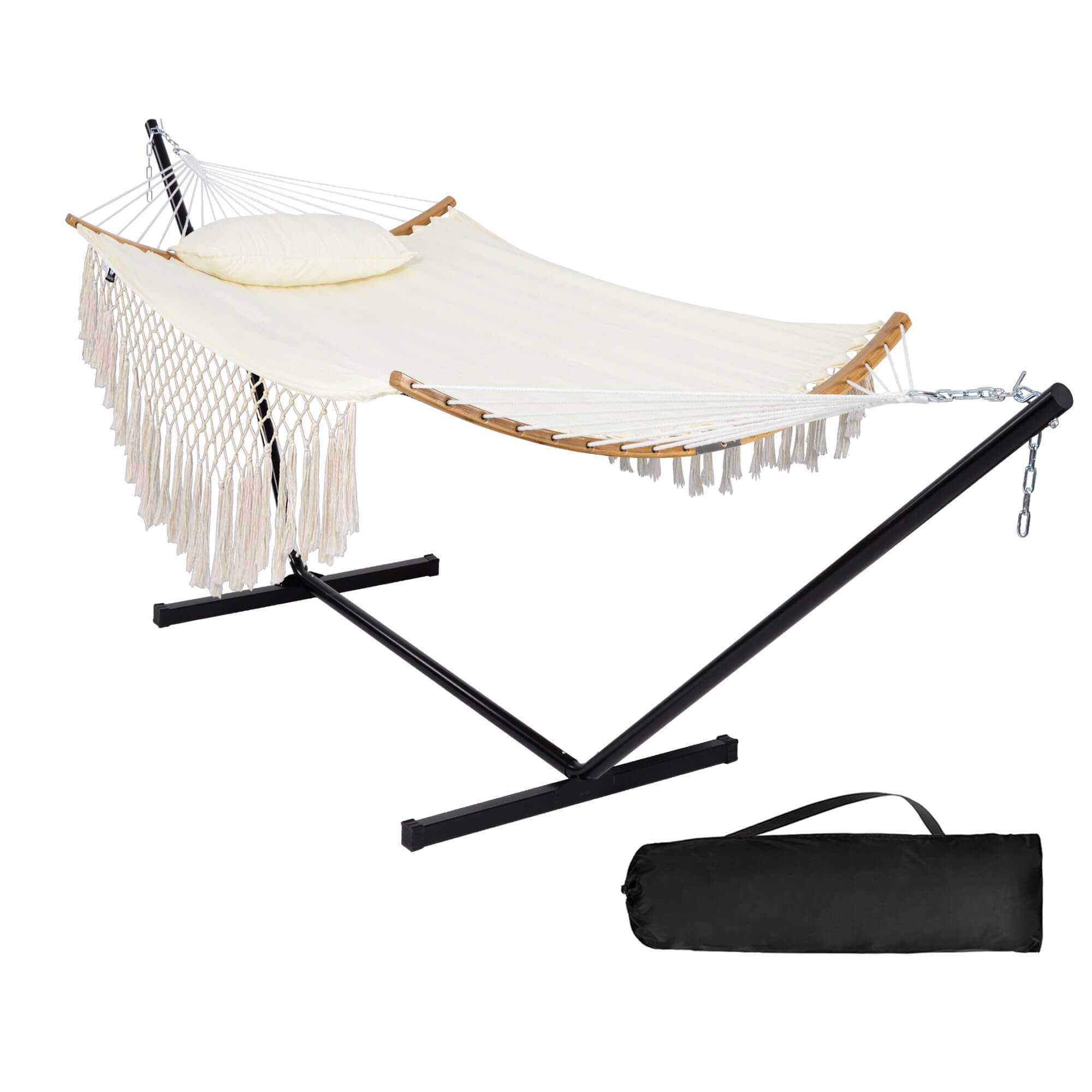 Double Hammock with Portable Stand and Tassels SUNCREAT suncreatoutdoor