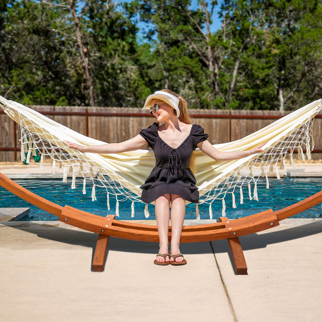 hammock with wood stand#color_beige-with-tassel