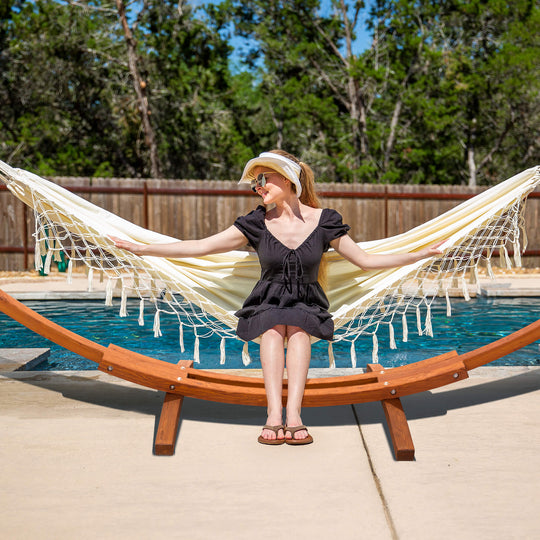 hammock with wood stand#color_beige-with-tassel