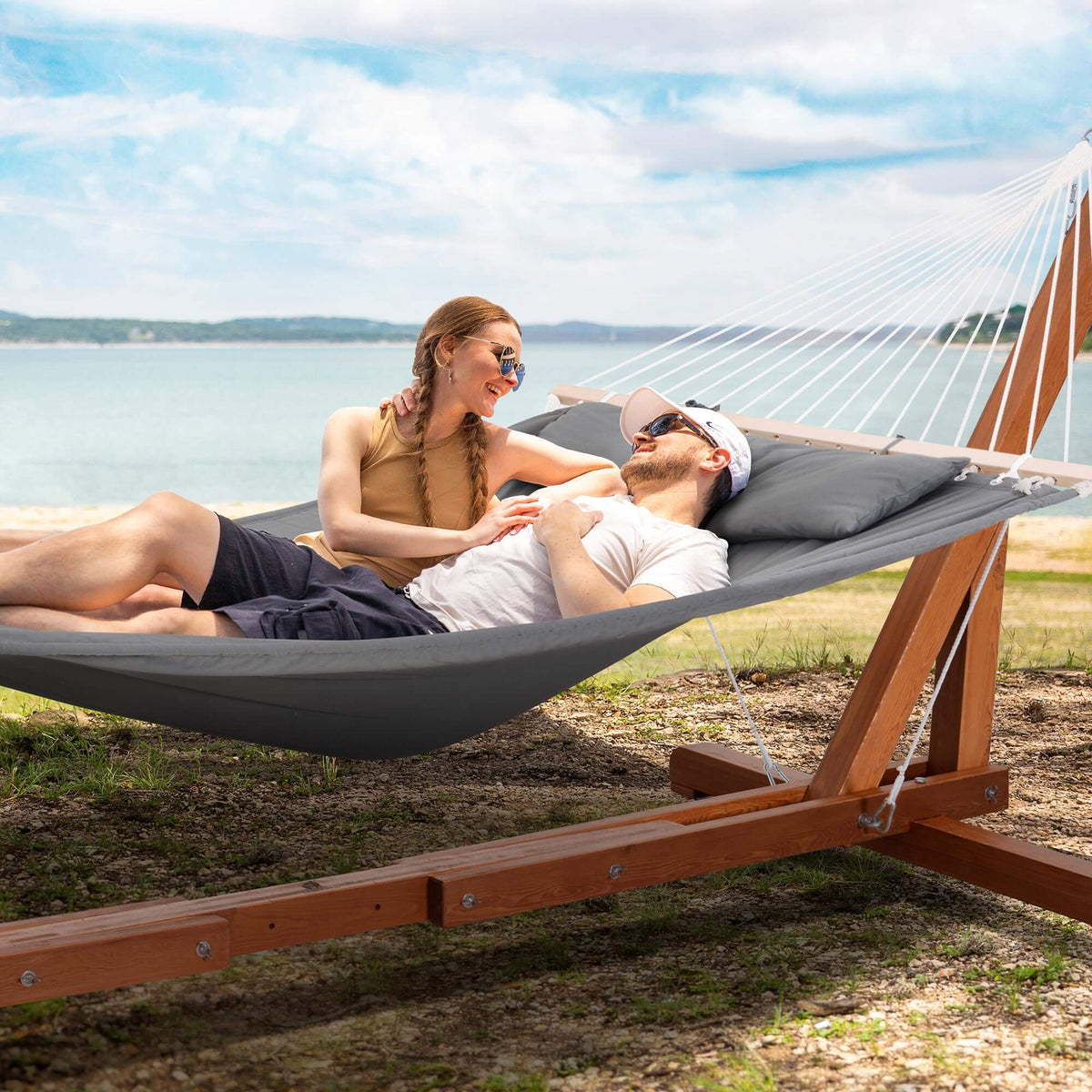 Outdoor Hammock with Adjustable 12-14 ft Wooden Stand, 475 lbs | SUNCR