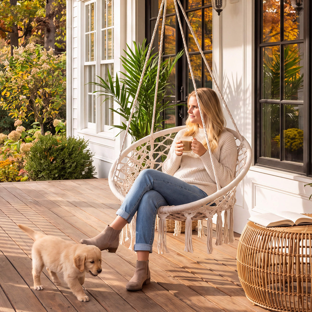 Macrame Cotton Rope Hammock Chair Swing#color_beige