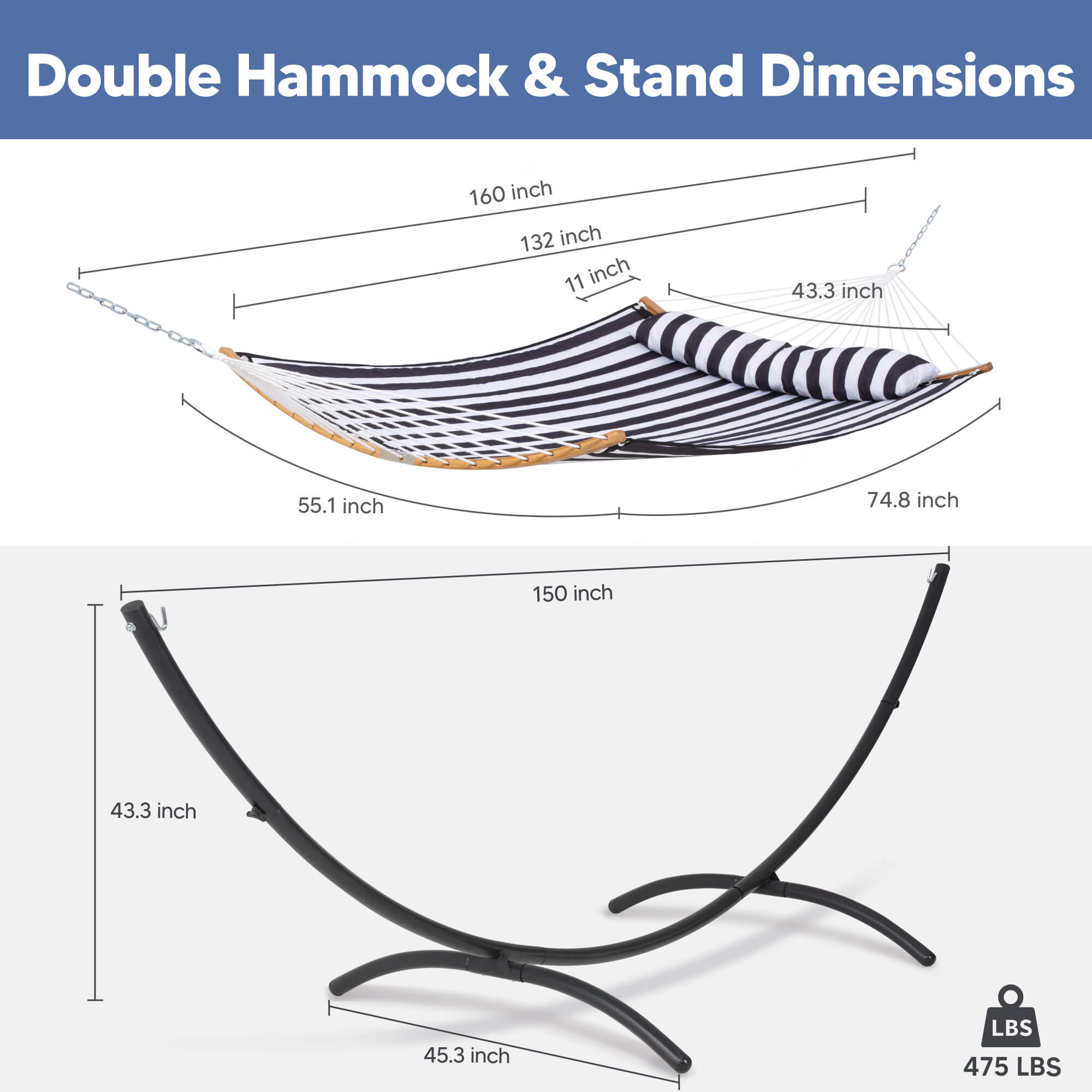 portable hammock with stand#color_black-stripes