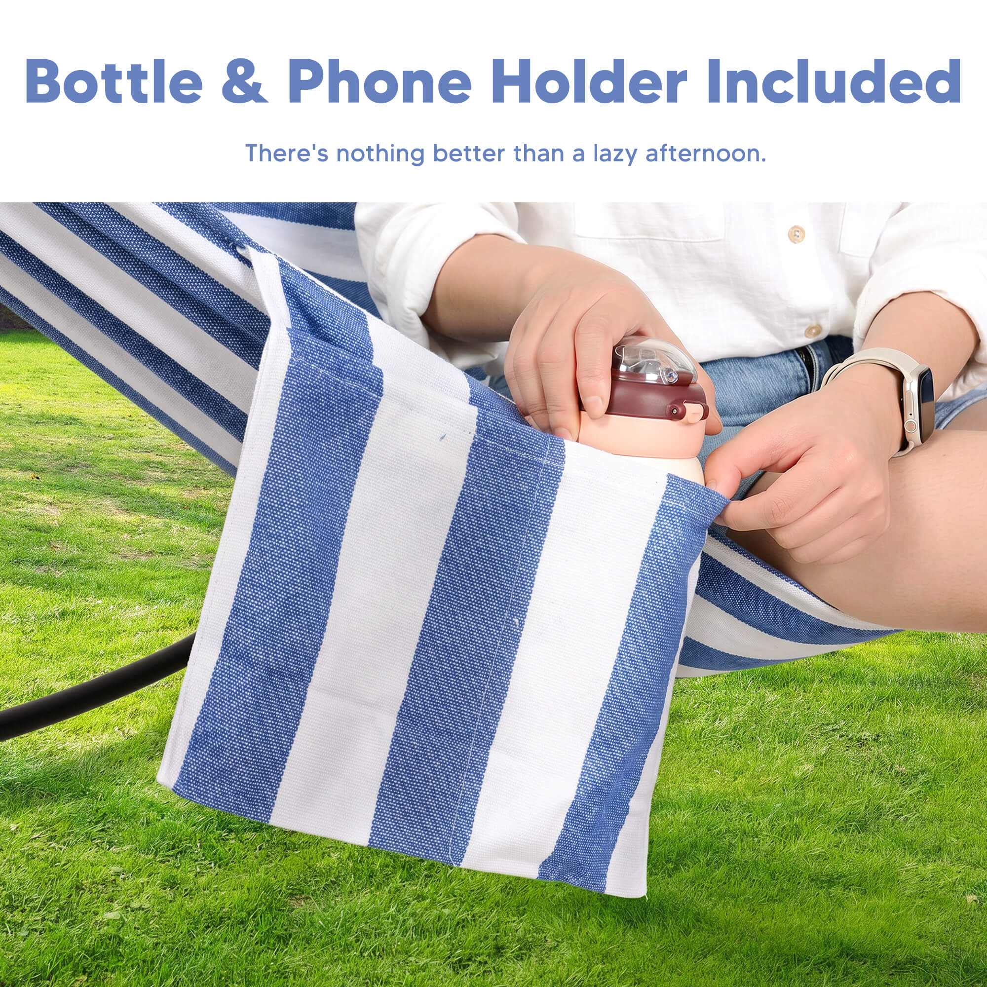 2 Person hammock with stand#color_blue-white-stripes