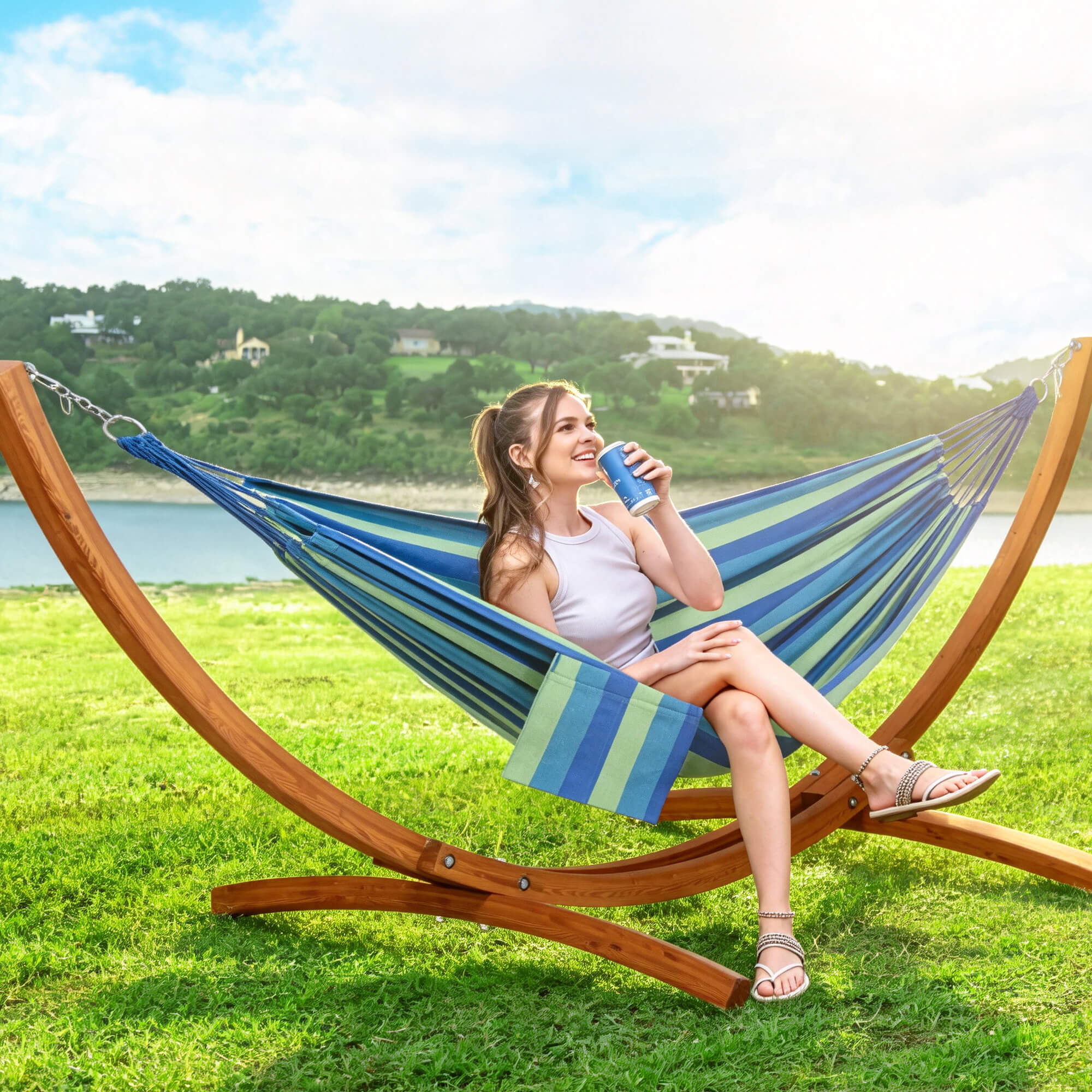 hammock with wooden stand#color_blue-stripe