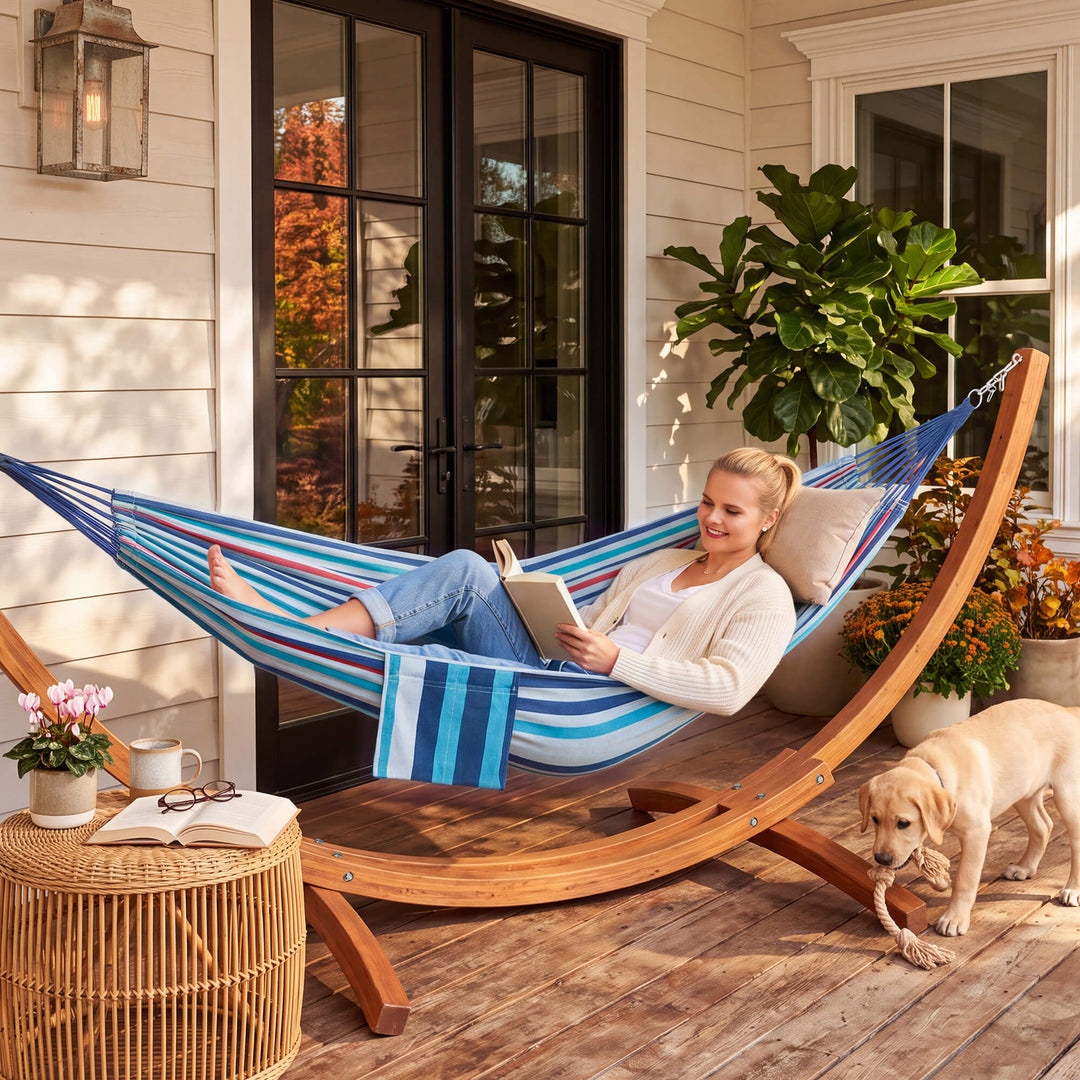 hammock with wooden stand#color_ocean-stripes