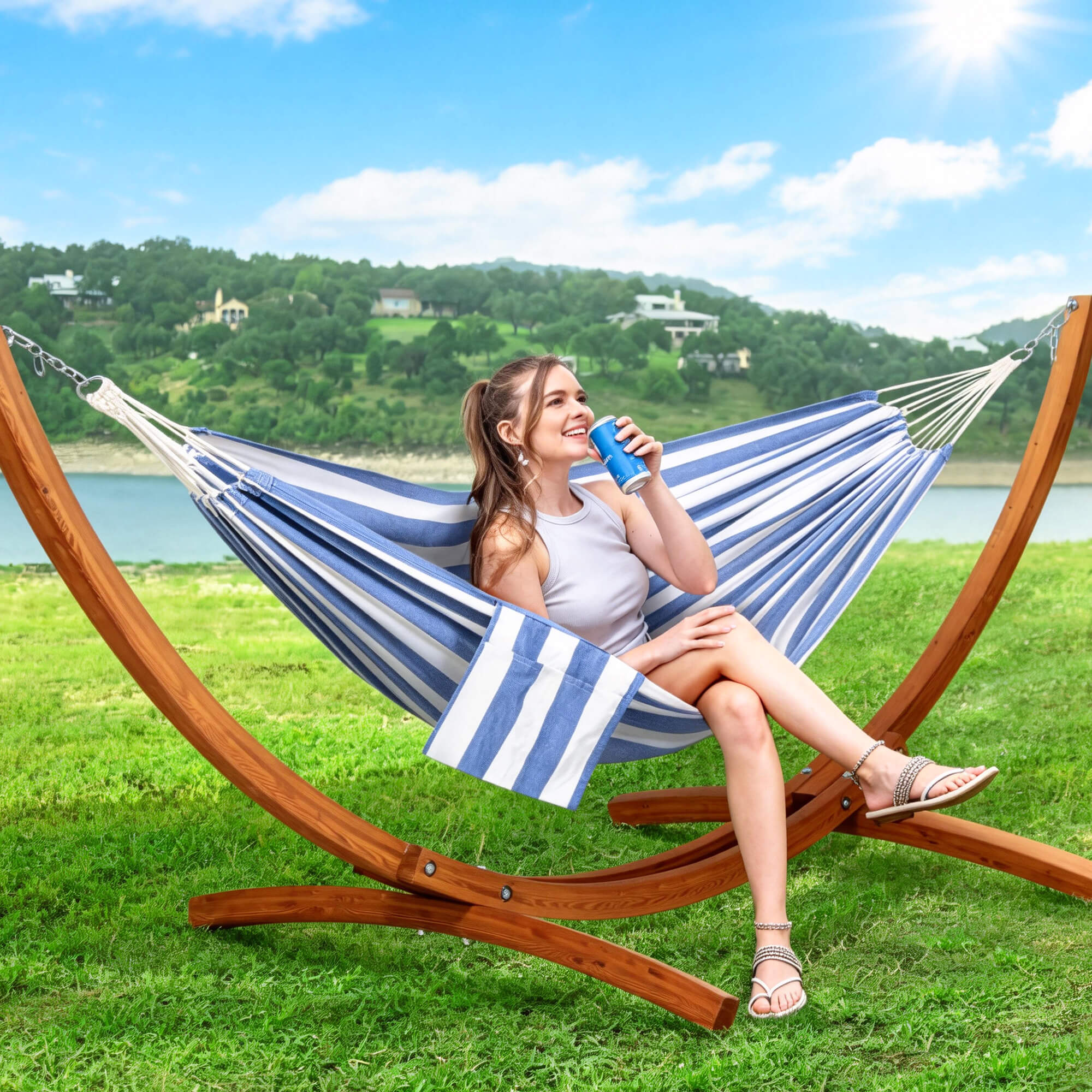 hammock with wooden stand#color_blue-white-stripes