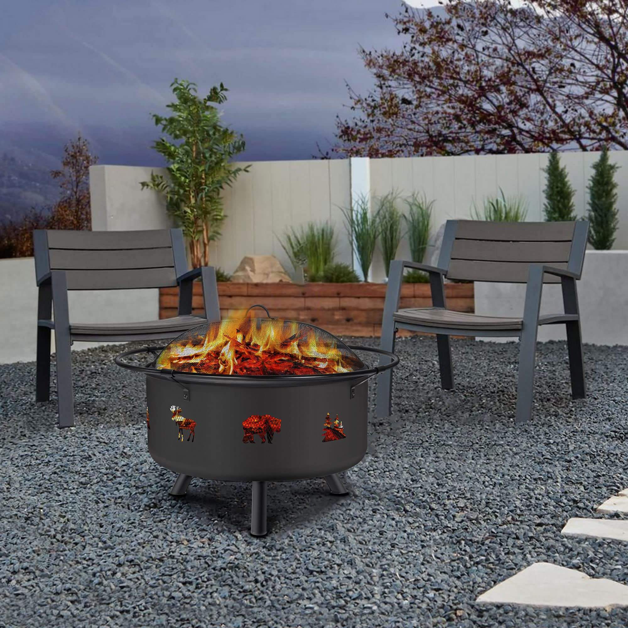 Outdoor Bonfire Wood Burning Fire Pit with Grill and Fireplace Poker#size_30-inch