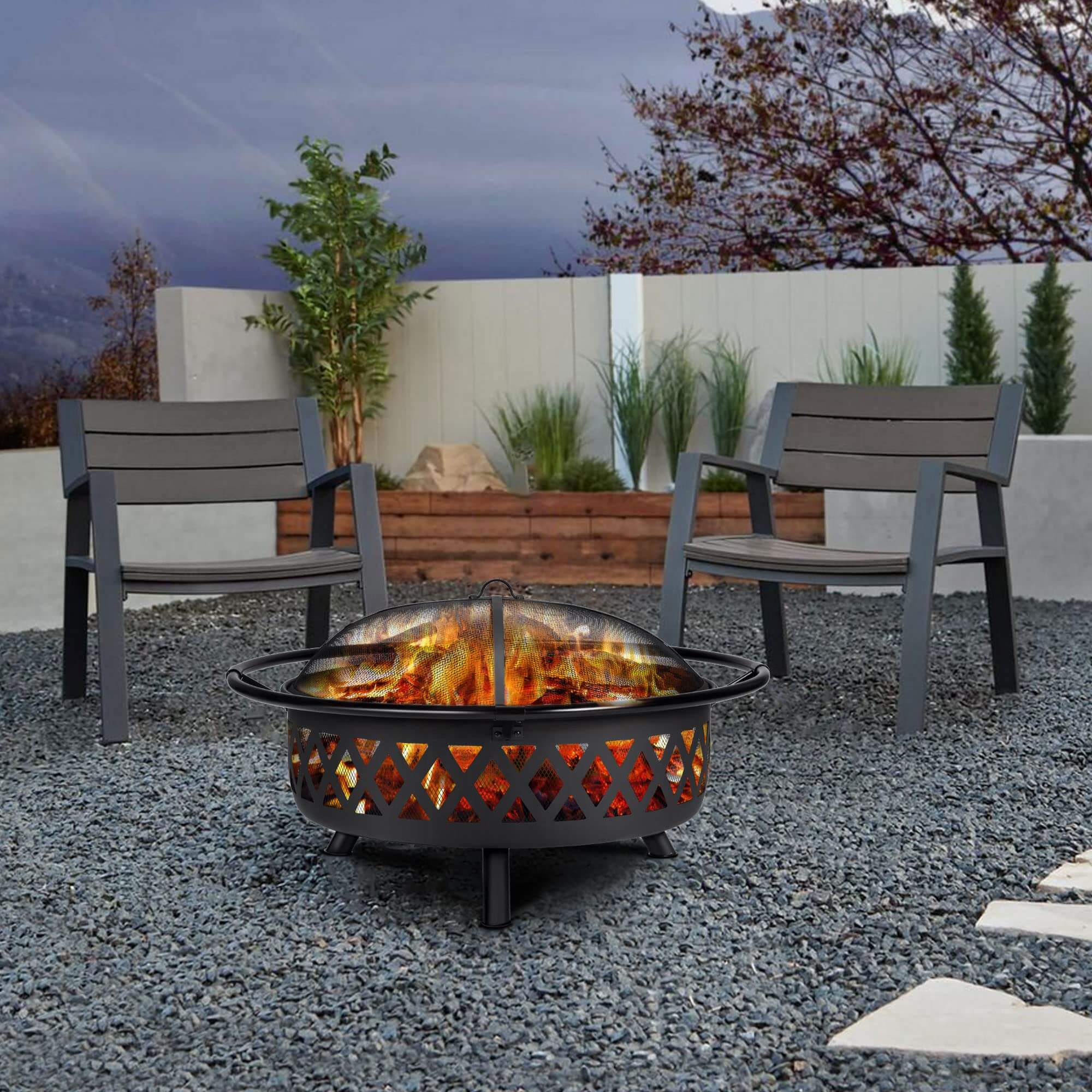 Outdoor Bonfire Wood Burning Fire Pit with Grill and Fireplace Poker#size_42-inch