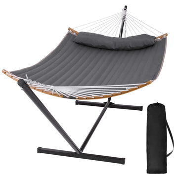 Double Quilted Hammock with Curved Bamboo Bar and Portable Stand |SUNCREAT